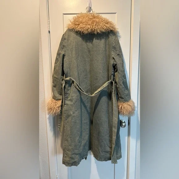 Denim Faux Fur Trim Belted Trench Coat - Picture 3 of 4